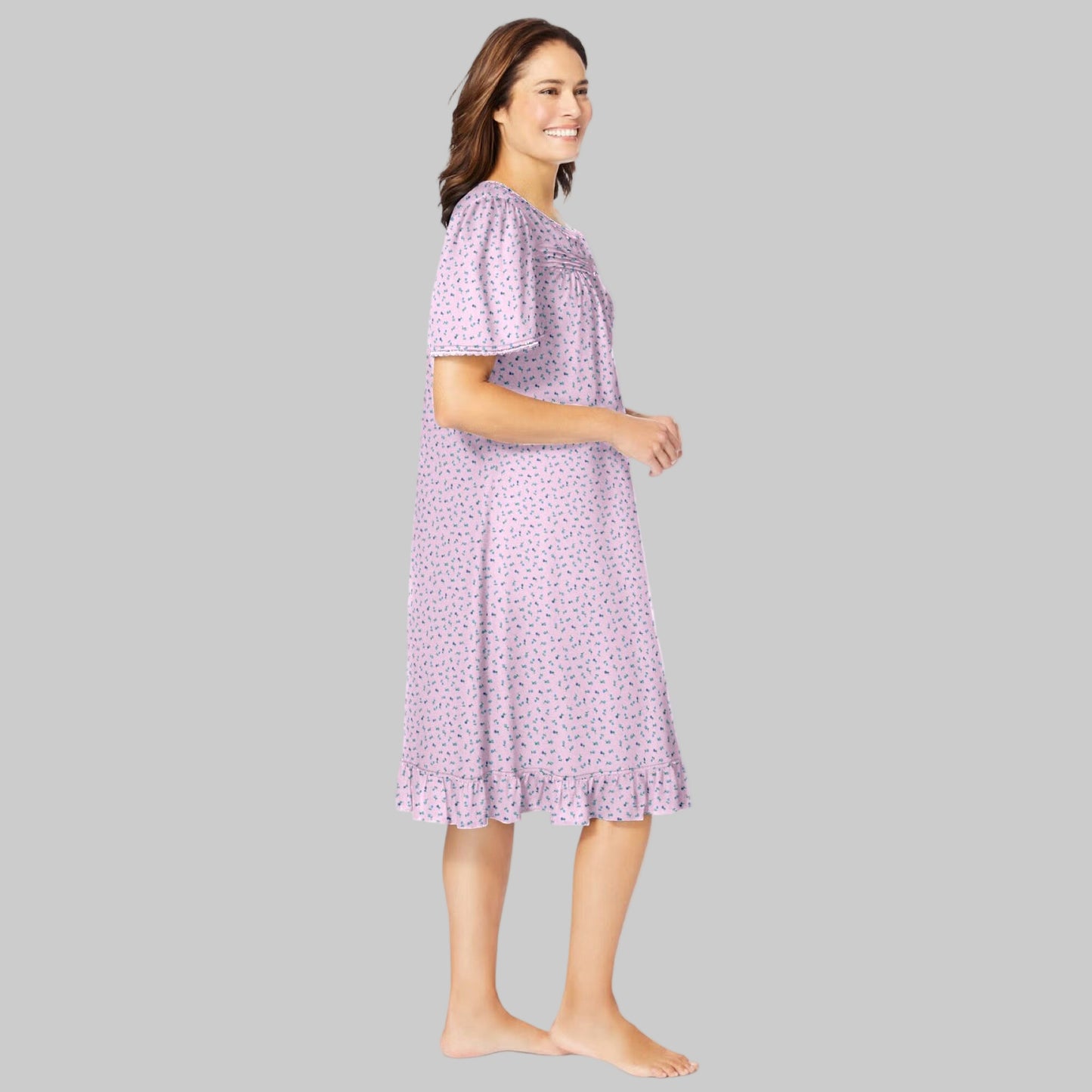 Pink ditsy floral short cotton nightgown with flutter sleeves, ruffled hem, and pintuck details — soft, breathable sleepwear for women.