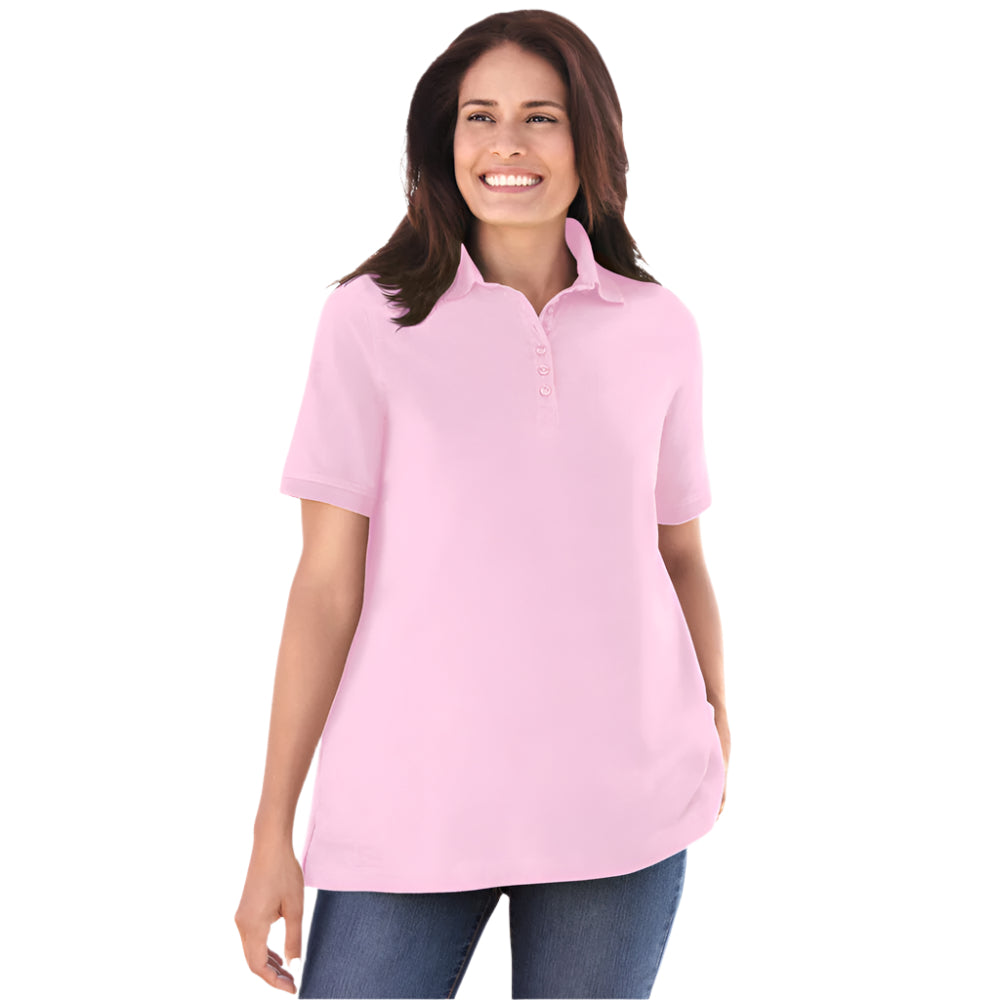 Pink Polo Tunic with Elbow-Length Sleeves and Button Placket – Cotton Blend