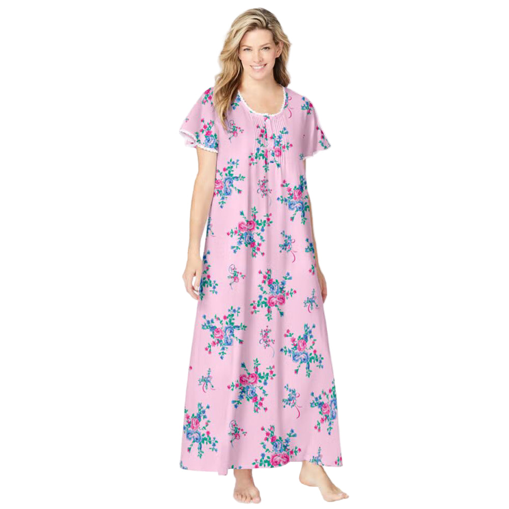 Women’s pink floral long pintuck knit gown with lace trim, flutter sleeves, henley placket, and shirring, made from soft breathable cotton.