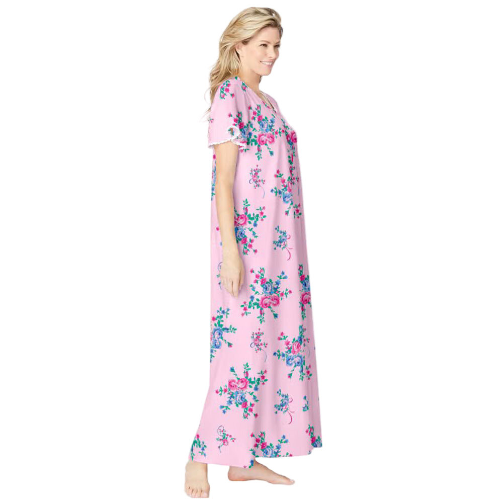 Women’s pink floral long pintuck knit gown with lace trim, flutter sleeves, henley placket, and shirring, made from soft breathable cotton.