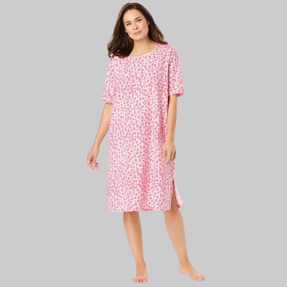 Pink printed short sleeve tagless sleepshirt with scoop neckline satin trim rosette detail and relaxed fit for comfortable sleepwear.