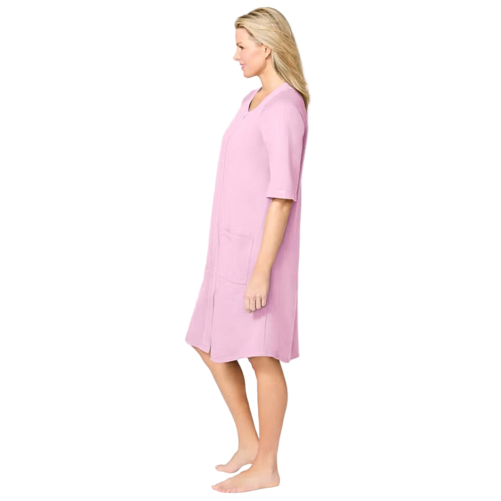 Flat-lay of Pink French Terry Short Zip Robe on neutral background