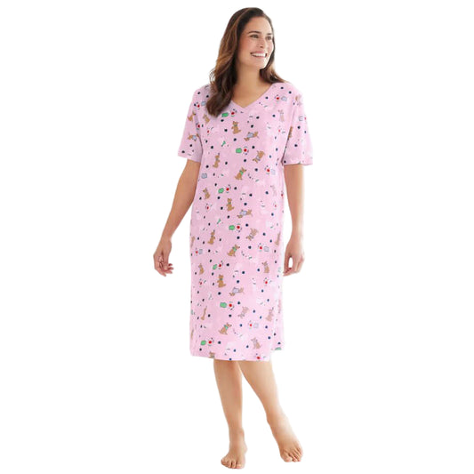 Pink Spring Delight Short Print Sleepshirt with playful prints, ribbed V-neck, short sleeves, and A-line silhouette – 40-inch women’s cotton sleepwear.