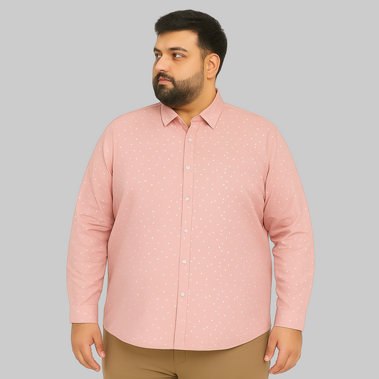 Blush pink plus size men’s button-down shirt with white polka dot print, long sleeves, and classic collar – flat lay on white background