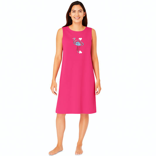 Women’s sleeveless sleepshirt in pink glow print, soft cotton knit fabric, 40-inch length, and relaxed fit for breathable comfort and cozy lounging