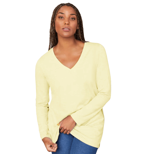 Plus-size woman wearing Pink Whisper Long-Sleeve V-Neck Tunic