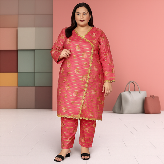 Pink Zari – Plus Size Angrakha Style Lawn Suit (2PC | Floral & Stripe) PSW-9545