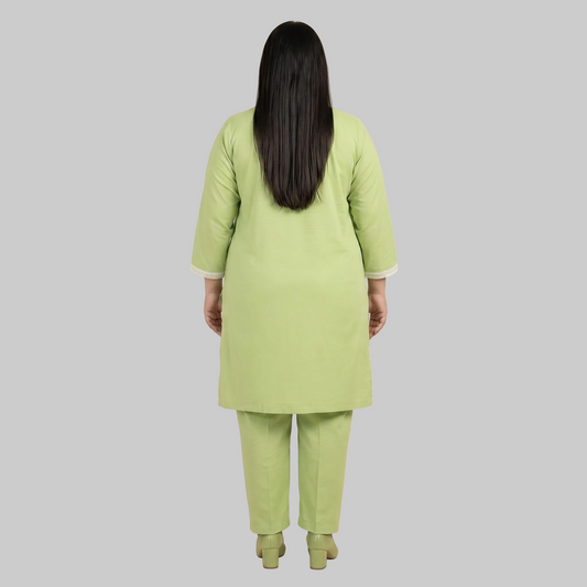 Pistachio Green cotton lawn lace trim co-ord set for women in breathable 100% cotton lawn fabric with elegant two-piece summer outfit.