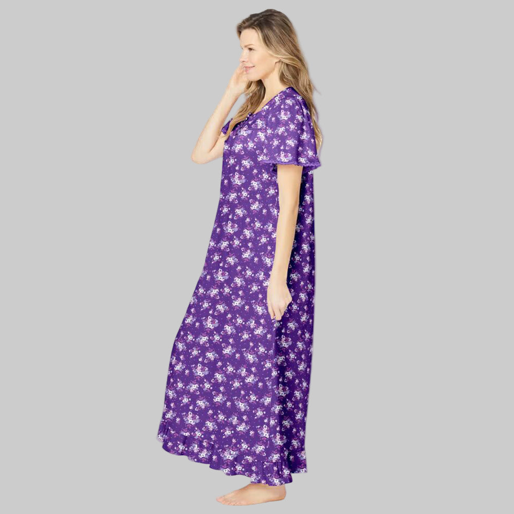 Women’s Plum Burst Bouquet long floral cotton gown with flutter sleeves, ruffled hem, pintucks, and flower-shaped buttons, made from soft breathable cotton.