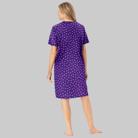 Women's Plum Burst Dot Long Print Sleepshirt made from soft jersey fabric with a relaxed fit, displayed on a white background