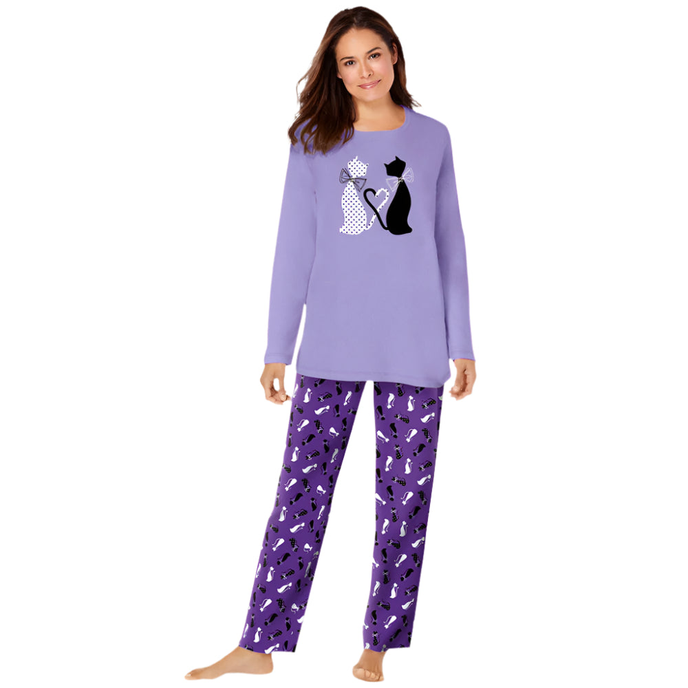 Plum Burst Long Sleeve Knit PJ Set with graphic print top and matching pants featuring an elastic waistband.