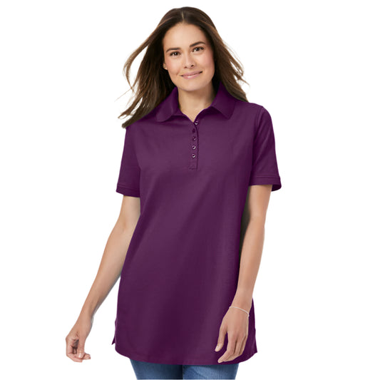 Plum Purple Elbow-Sleeve Polo Tunic – Soft Cotton Casual Top for Women