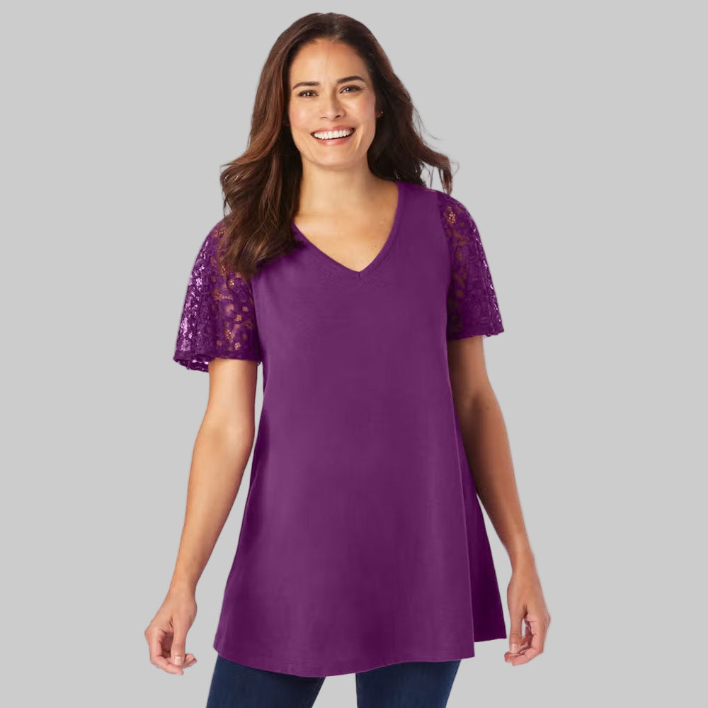 Plum Purple V-neck tunic with lace flutter sleeves – plus size front view