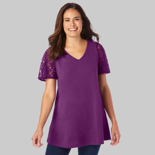 Plum Purple V-neck tunic with lace flutter sleeves – plus size front view