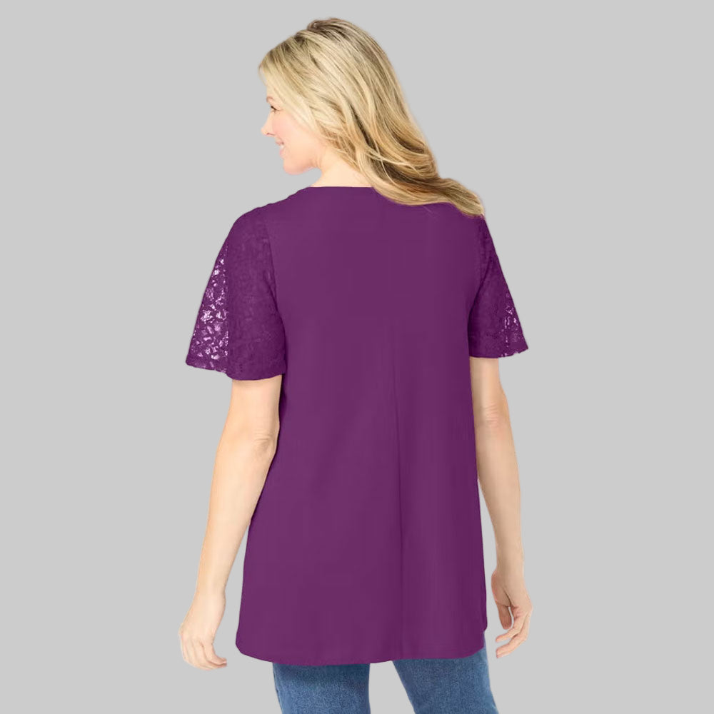 Plum Purple V-neck tunic with lace flutter sleeves – plus size front view