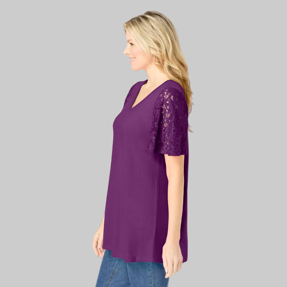 Plum Purple V-neck tunic with lace flutter sleeves – plus size front view