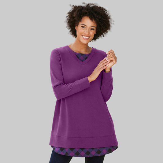 Plum Purple Plaid Layered Look Sweatshirt with plaid inset and rib trim — soft cotton-blend plus size tunic for casual comfort.