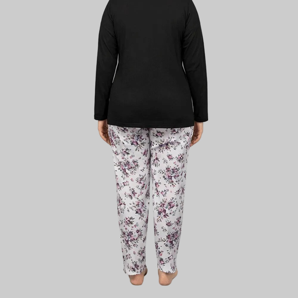 Plum blossom cotton pajama featuring soft breathable fabric, relaxed fit and elastic waistband, designed for comfortable sleepwear and daily lounging.