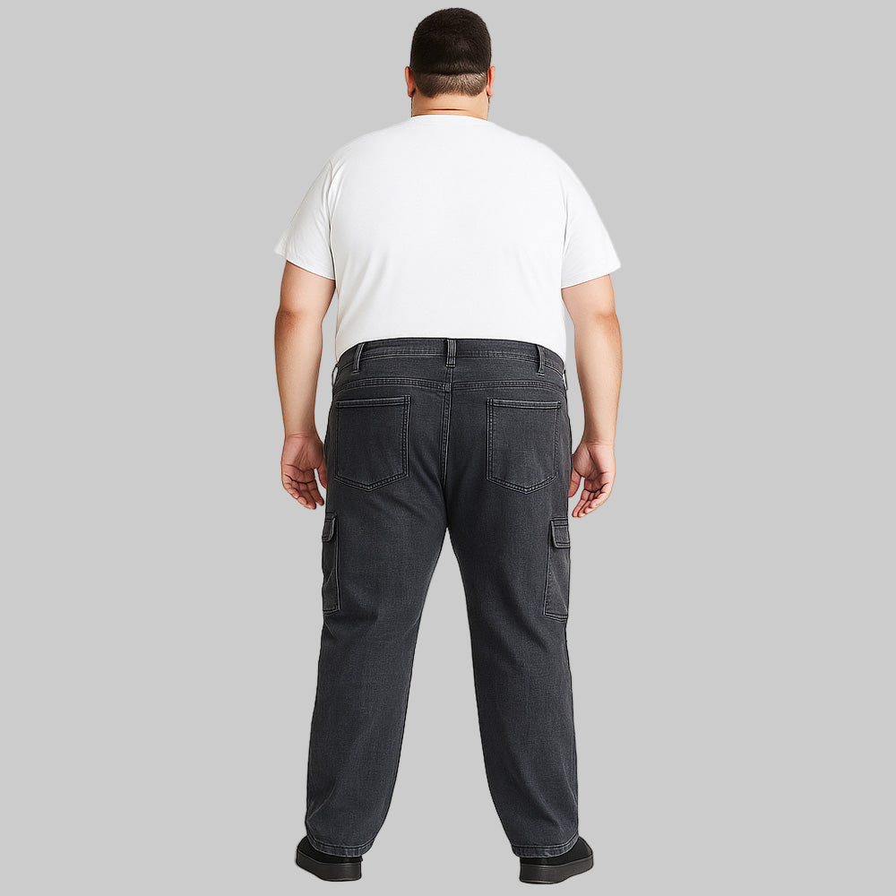 Plus-size men’s heather charcoal stretch denim cargo jeans, regular fit, with side cargo pocket and back pockets, laid flat against a white background.
