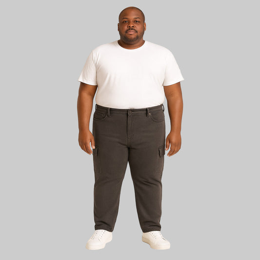 Plus-size men’s heather charcoal stretch denim cargo jeans, regular fit, with side cargo pocket and back pockets, laid flat against a white background.