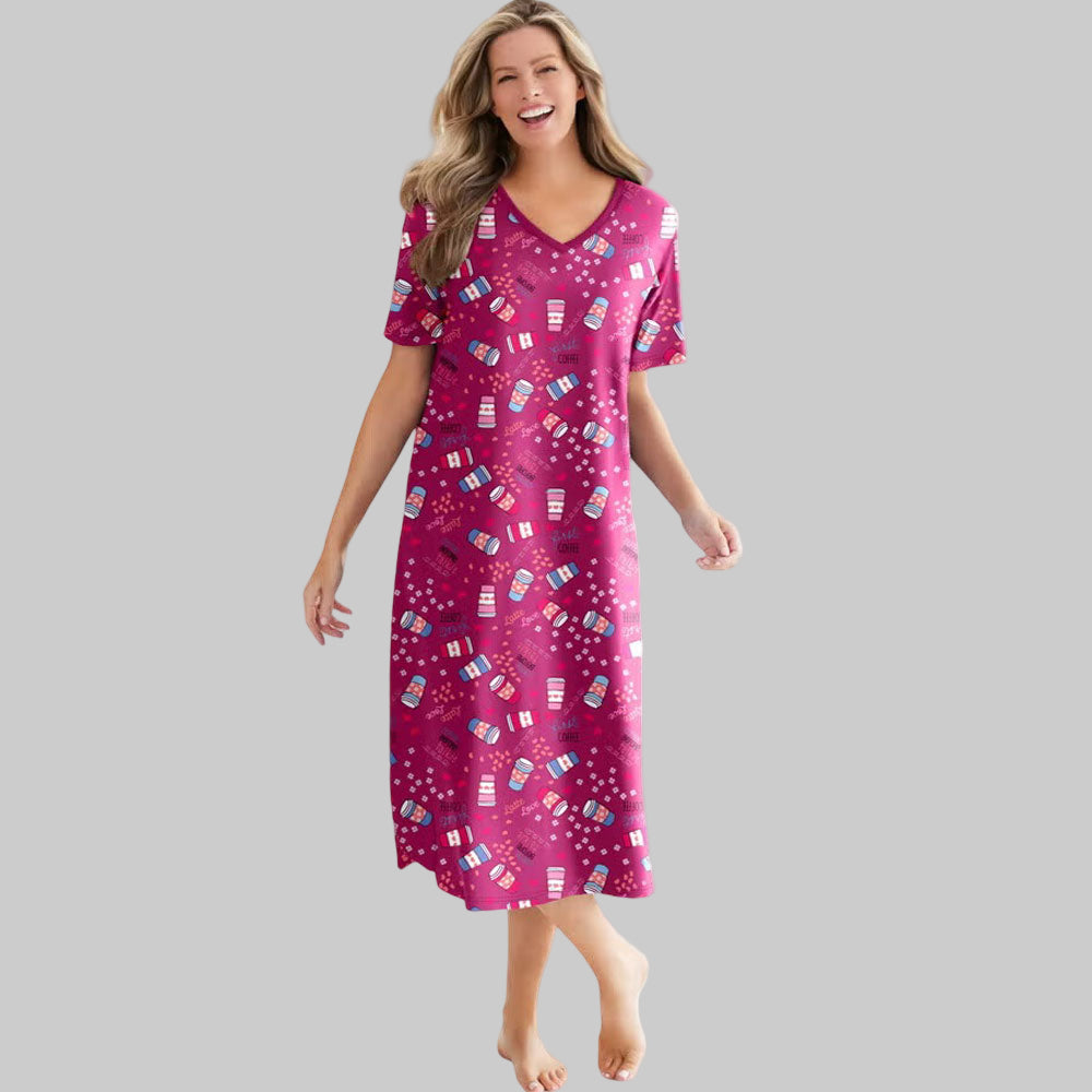 Plus size woman wearing pomegranate-colored sleepshirt with coffee cup print