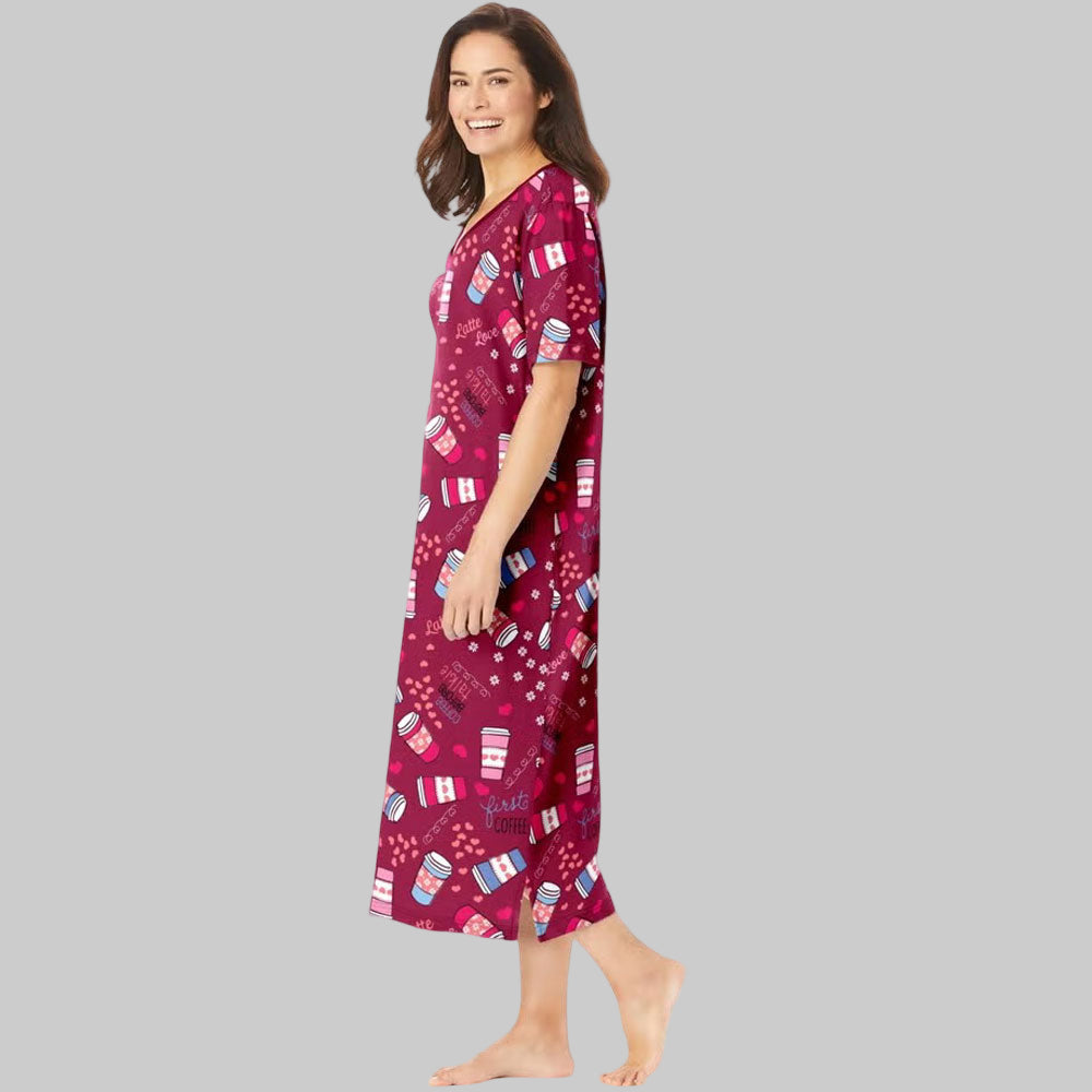 Plus size woman wearing pomegranate-colored sleepshirt with coffee cup print