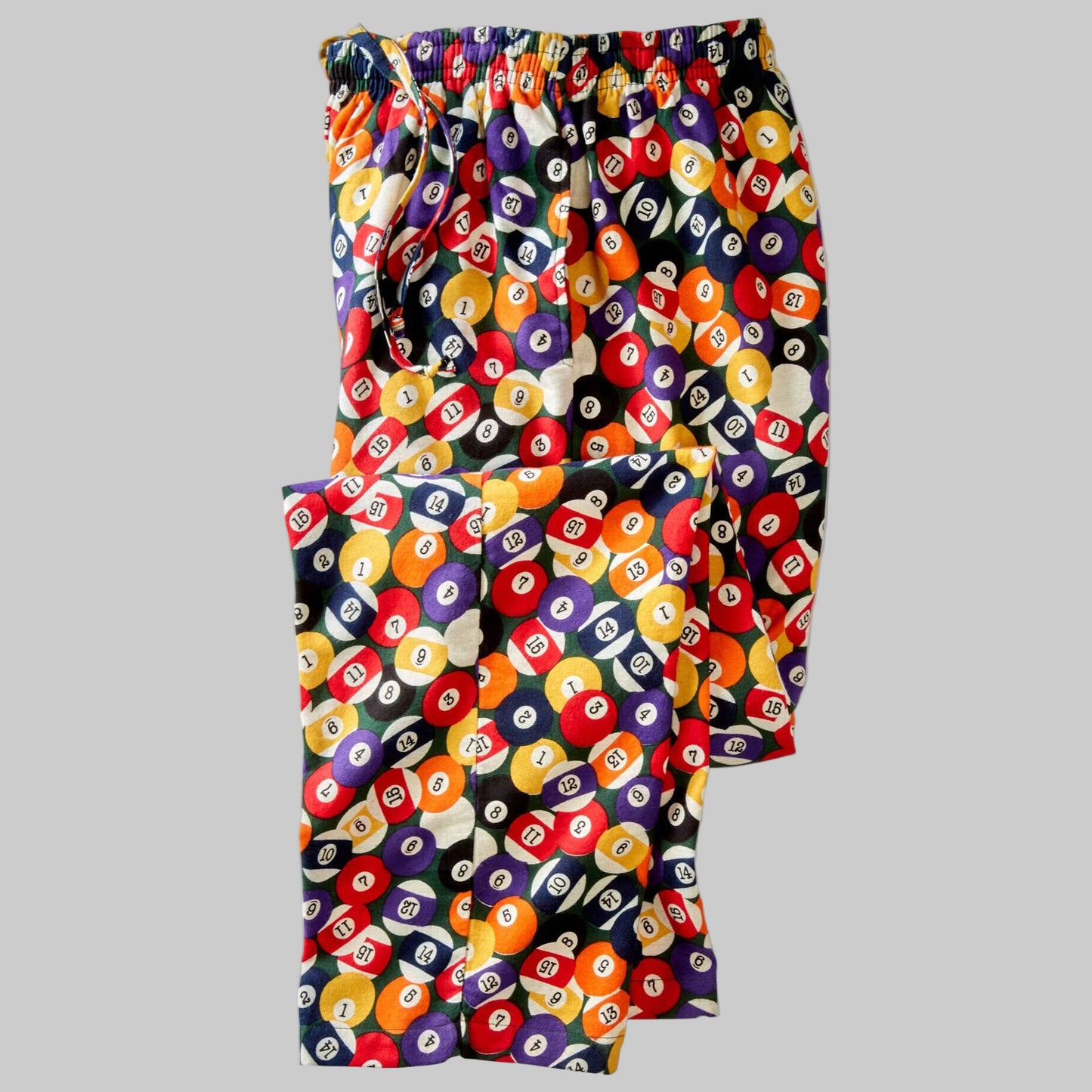 Pool ball print flannel pajama pants with drawstring waist and open bottom displayed on a clean studio background.