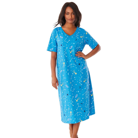 Pool Blue Cosmic Dreams Plus Size Long Sleepshirt with V-neck and cosmic-inspired print.