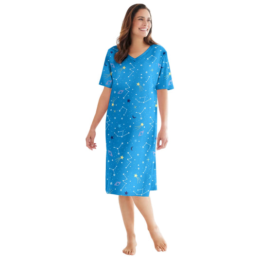 Pool Blue Cosmic Dreams Plus Size Short Sleepshirt with V-neck and cosmic-inspired print.