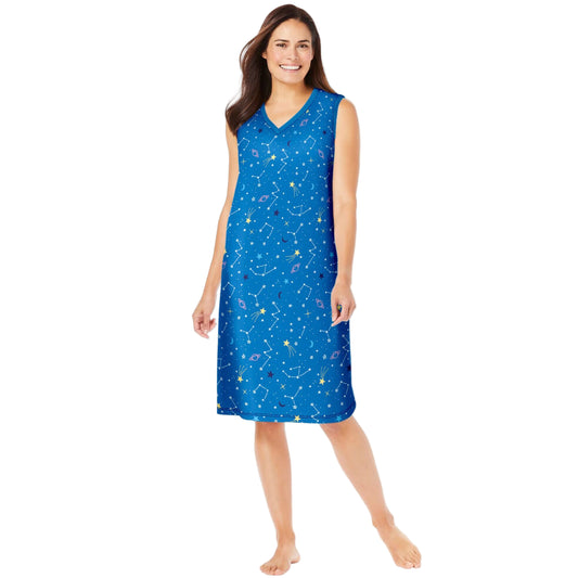 Pool Blue Cosmic Dreams Plus Size Sleeveless Short Sleepshirt with playful print and side slits.