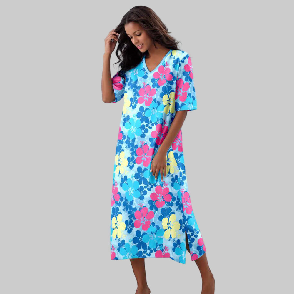 Pool Blue Tropical Palm Long Print Sleepshirt with short sleeves, ribbed V-neck, and 46" length in pure cotton.
