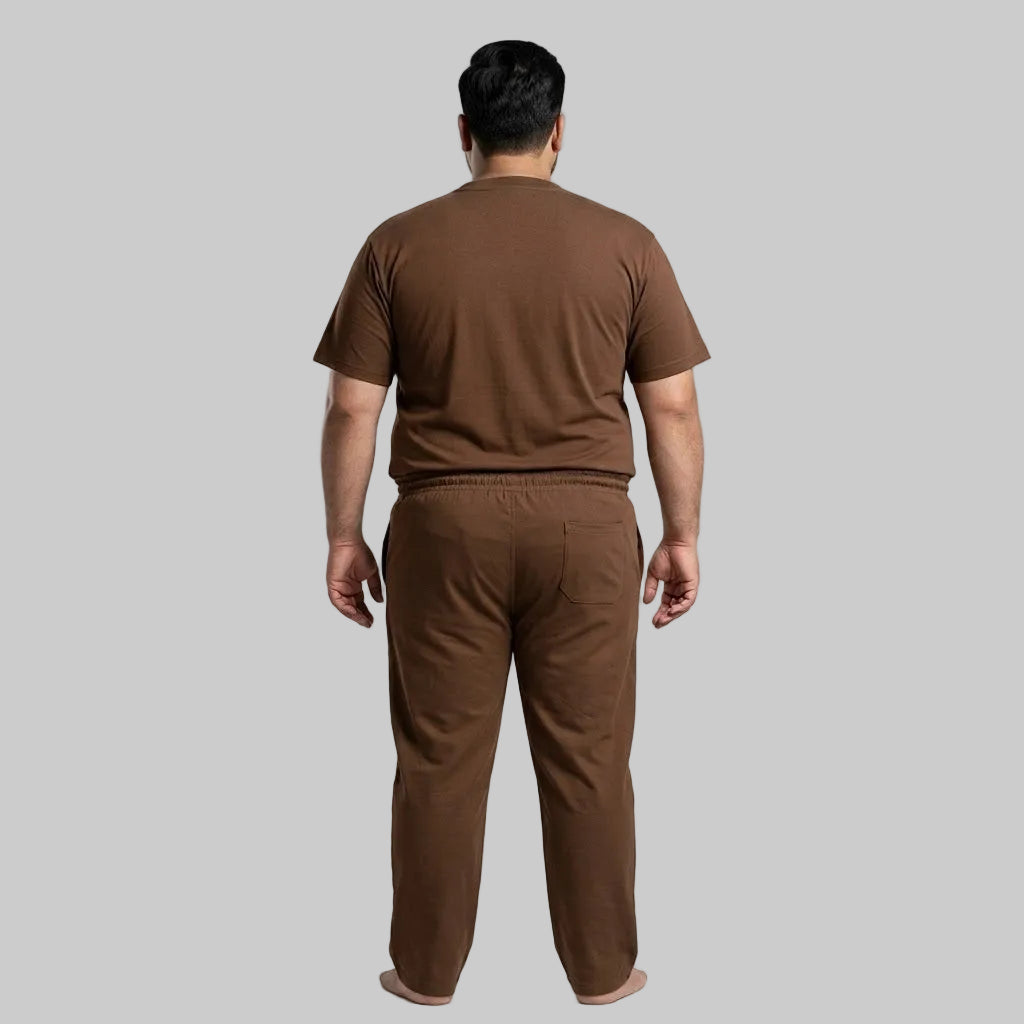 Premium Mocha Brown cotton terry co-ord set for men featuring a crewneck T-shirt and matching drawstring trousers with a comfortable casual fit.