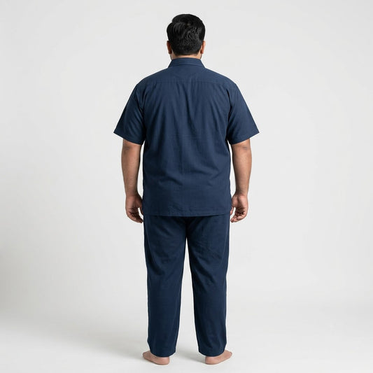Premium Navy Blue Irish Linen Co-Ord Set for men featuring a short-sleeve button-down shirt and matching straight-fit trousers crafted from breathable Irish linen fabric.