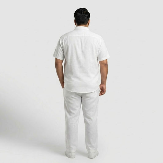 Premium White Irish Linen Co-Ord Set for men featuring a short-sleeve button-down shirt and matching straight-fit trousers in breathable Irish linen fabric.