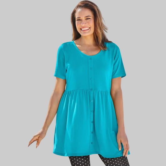 Pretty turquoise short-sleeve plus-size tunic with empire waist and scoop neck