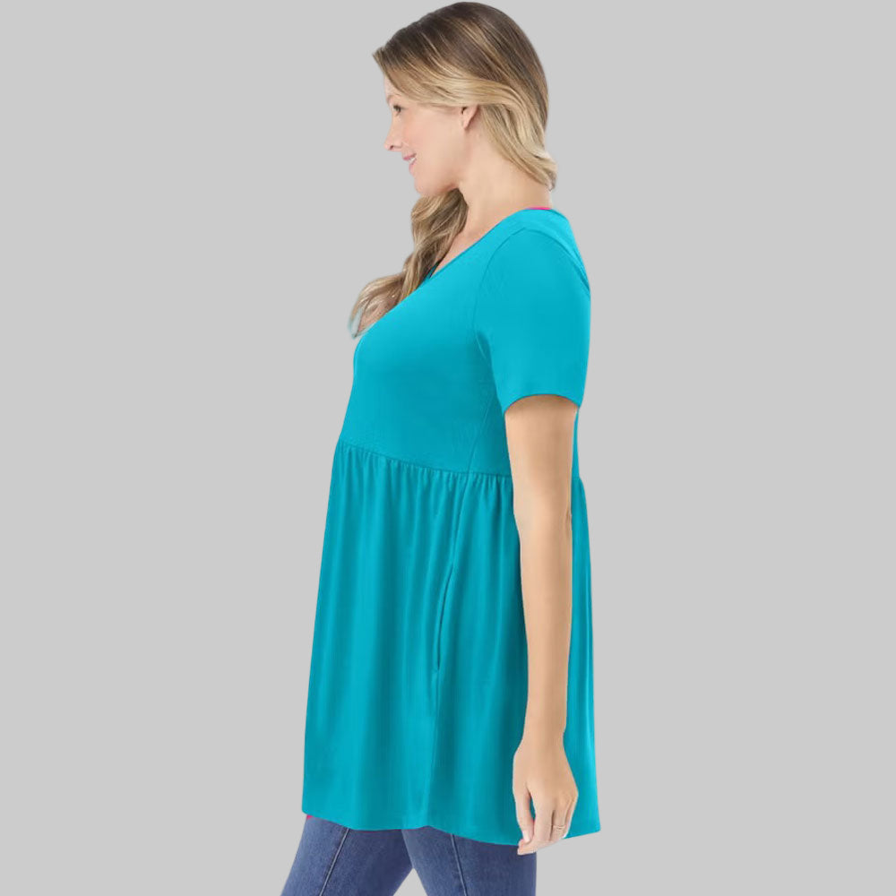 Pretty turquoise short-sleeve plus-size tunic with empire waist and scoop neck