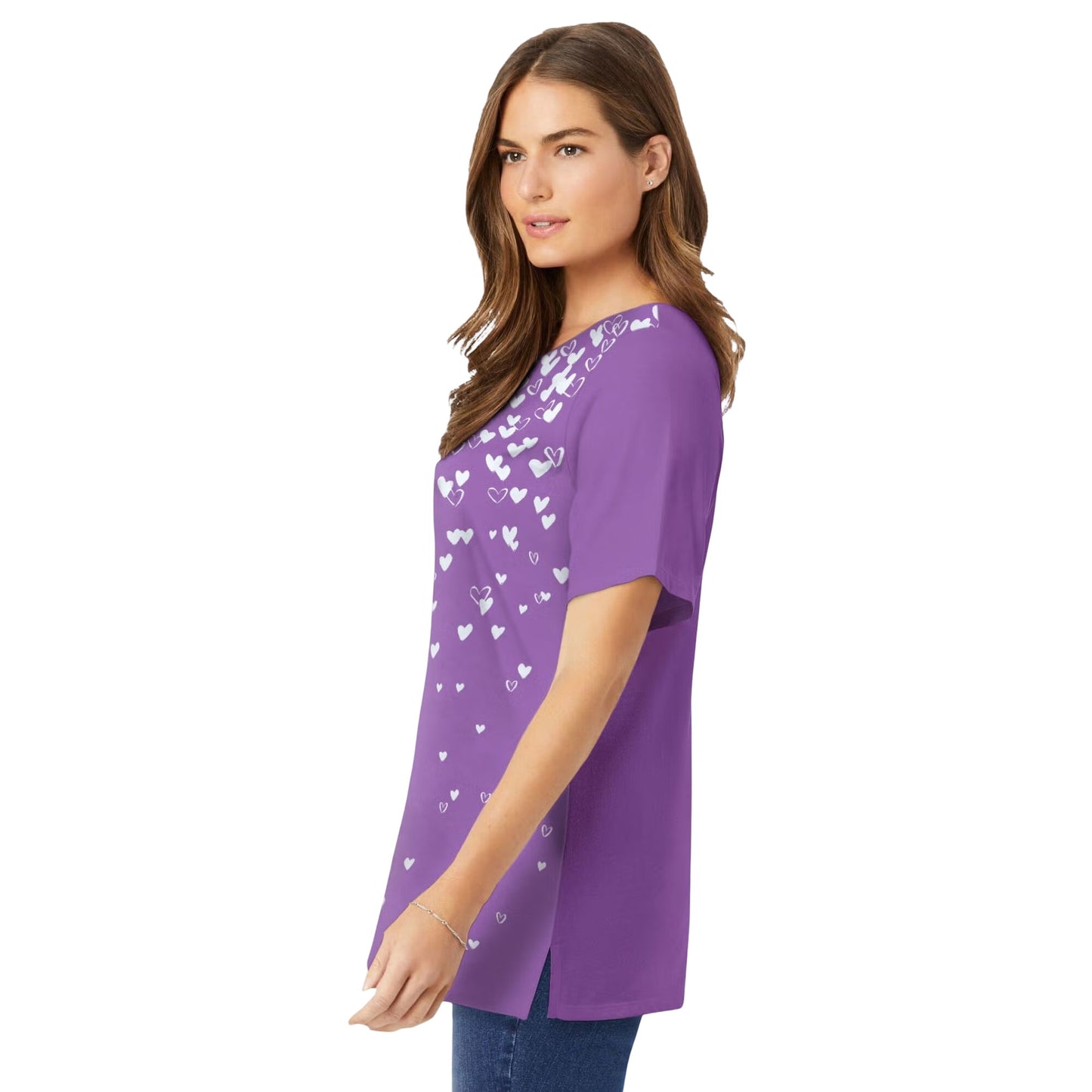 Woman wearing violet floral crewneck T-shirt with falling hearts and relaxed fit