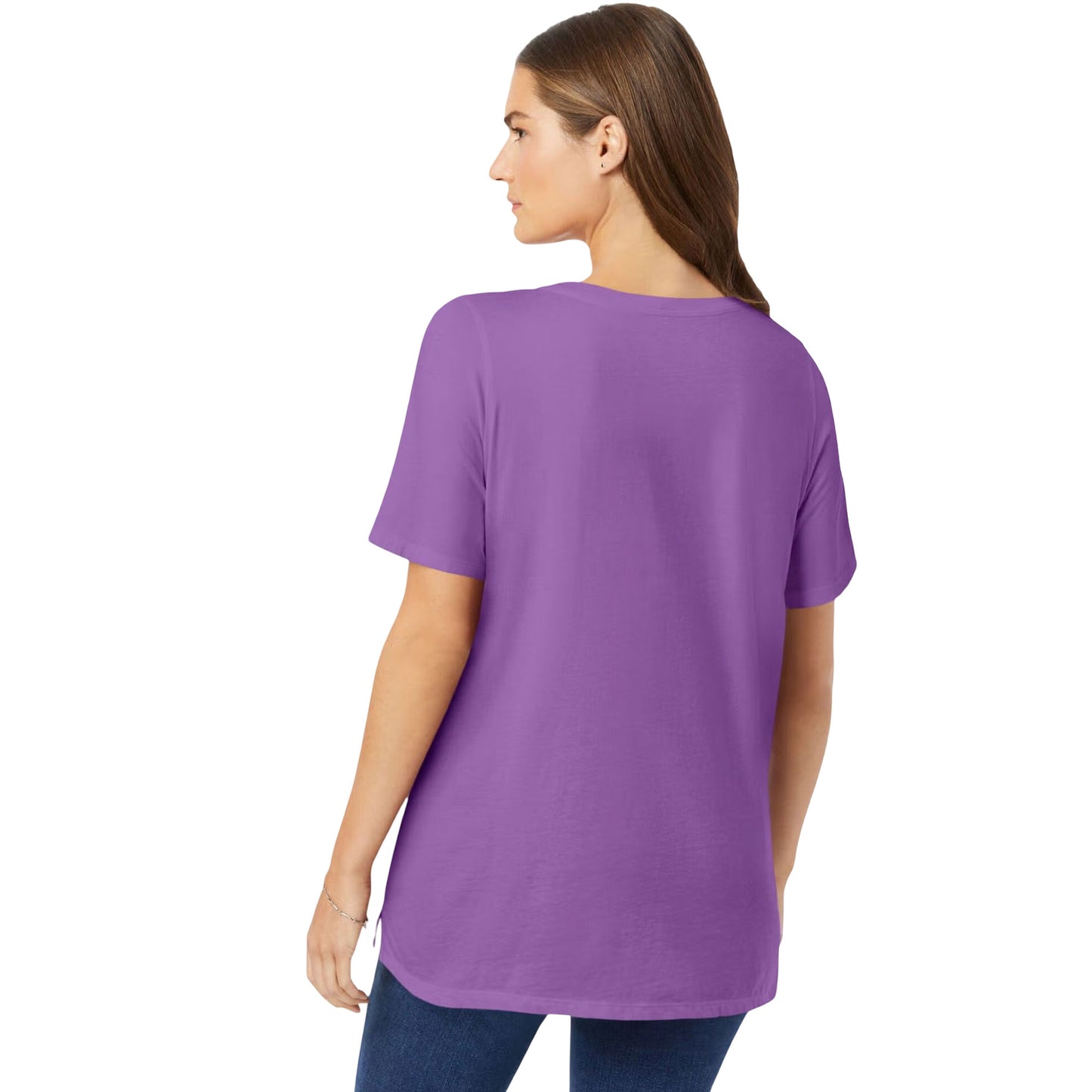Woman wearing violet floral crewneck T-shirt with falling hearts and relaxed fit