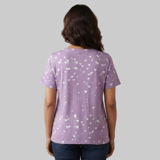 Women's Pretty Violet Falling Hearts Floral Crewneck T-Shirt made from soft jersey fabric, featuring a floral and hearts graphic on a white background.