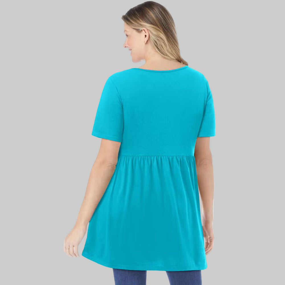 Pretty turquoise short-sleeve plus-size tunic with empire waist and scoop neck