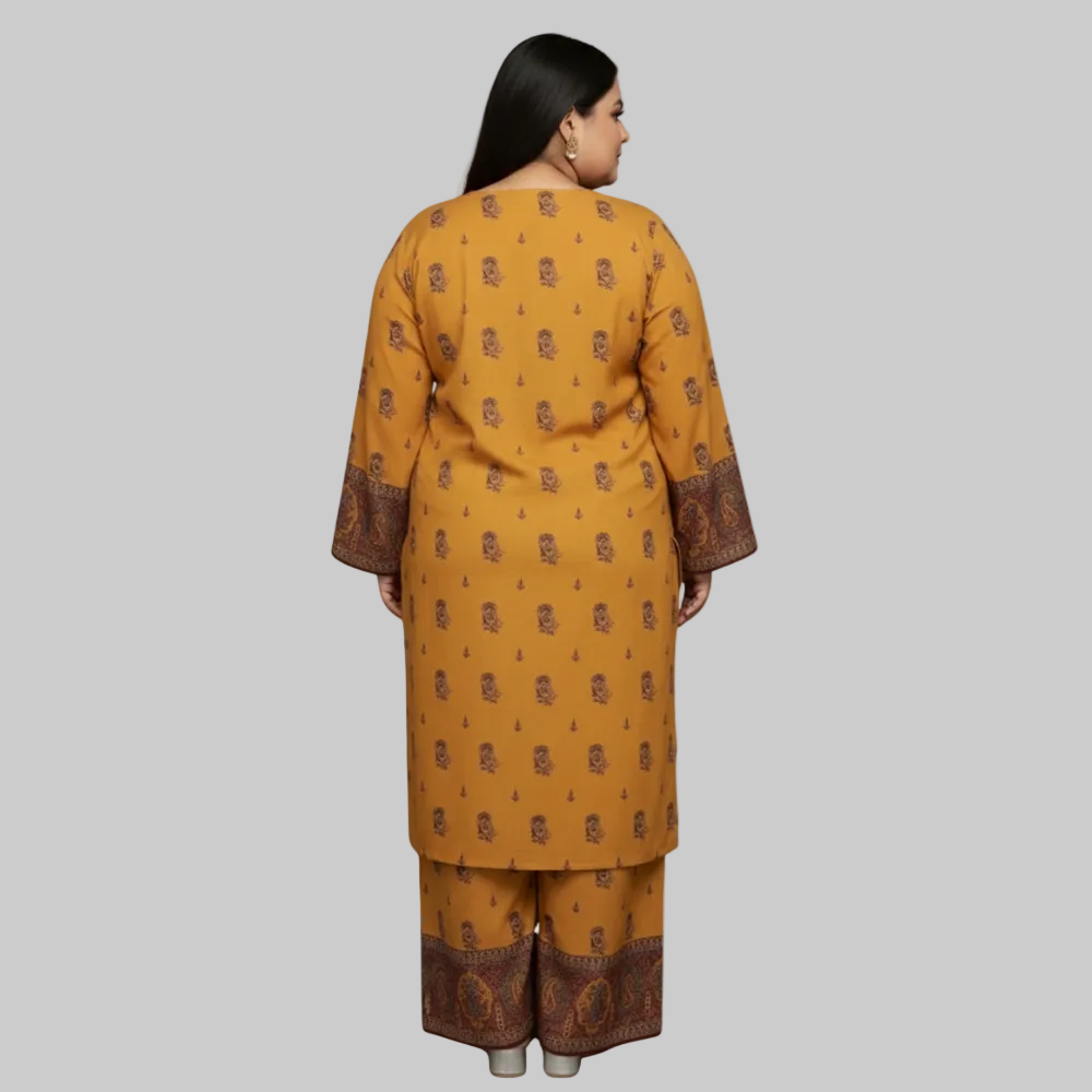 Printed Linen 2-Piece Suit – Mustard PSW-10690