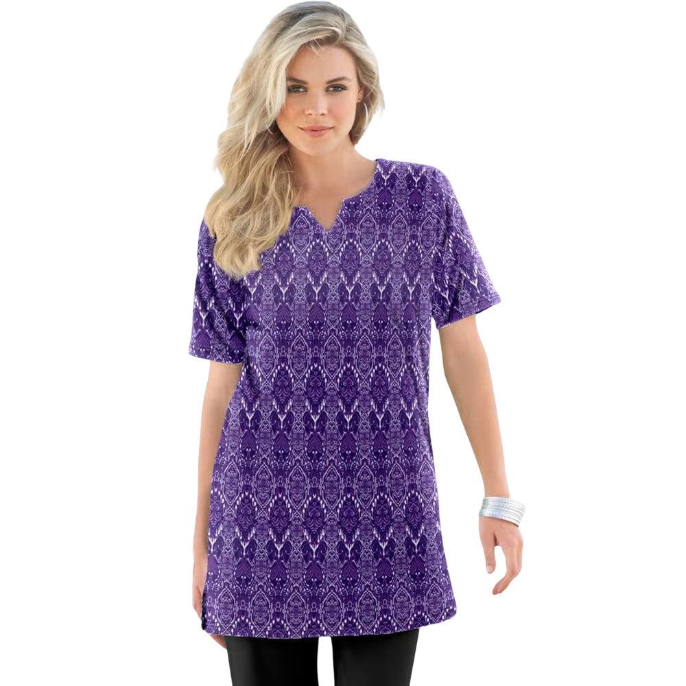 Purple ikat print tunic with notch neckline, short sleeves, and soft knit fabric
