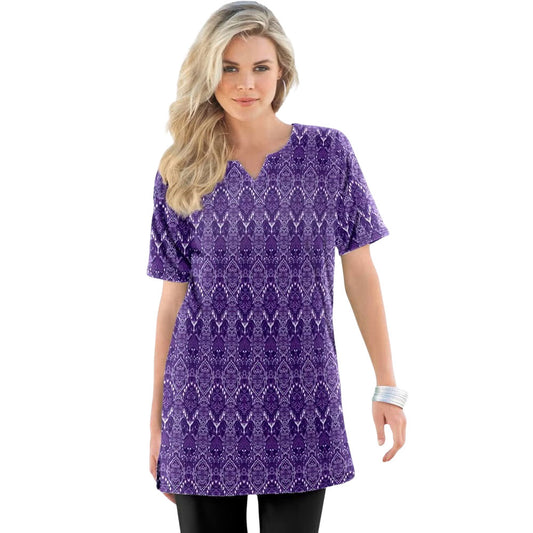 Purple ikat print tunic with notch neckline, short sleeves, and soft knit fabric