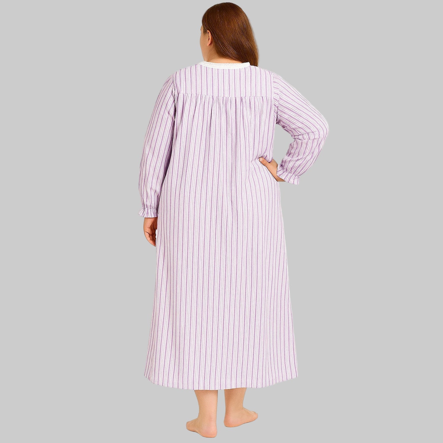 Long purple striped flannel nightgown with lace trim and ruffled sleeves