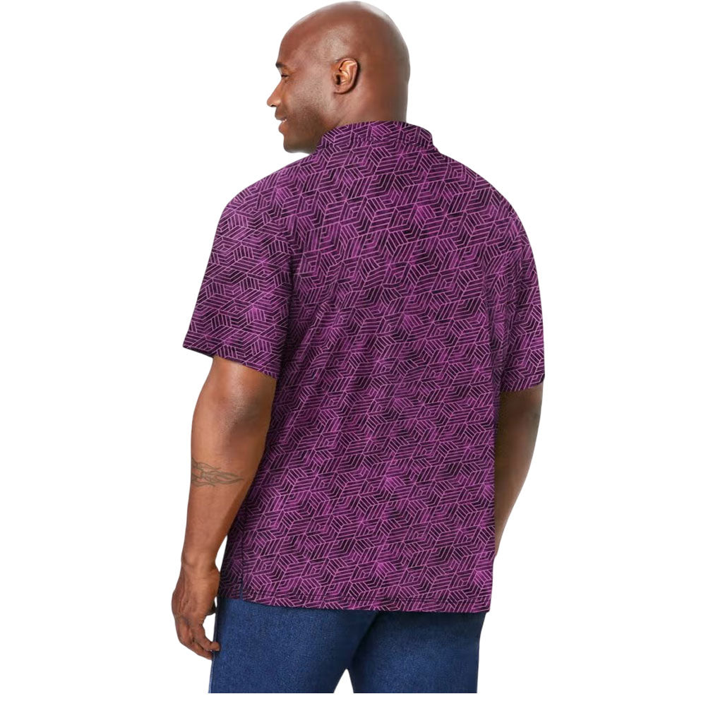 Purple geometric moisture-wicking polo shirt with three-button placket
