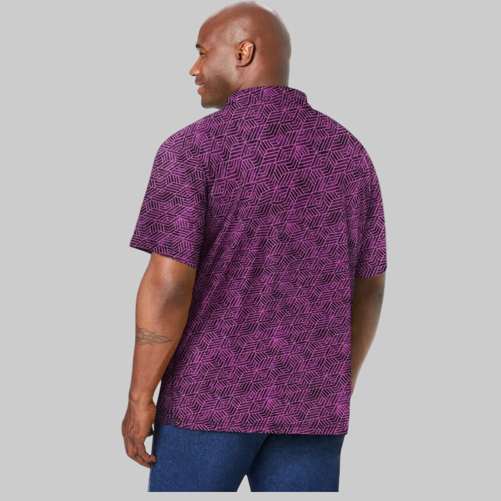 Purple geometric moisture-wicking polo shirt with three-button placket