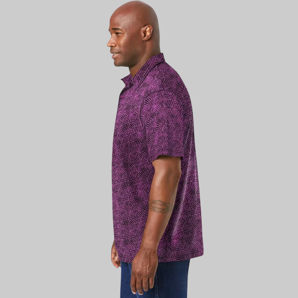 Purple geometric moisture-wicking polo shirt with three-button placket