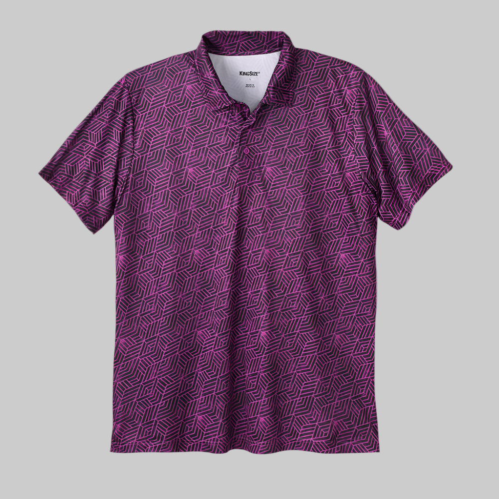 Purple geometric moisture-wicking polo shirt with three-button placket