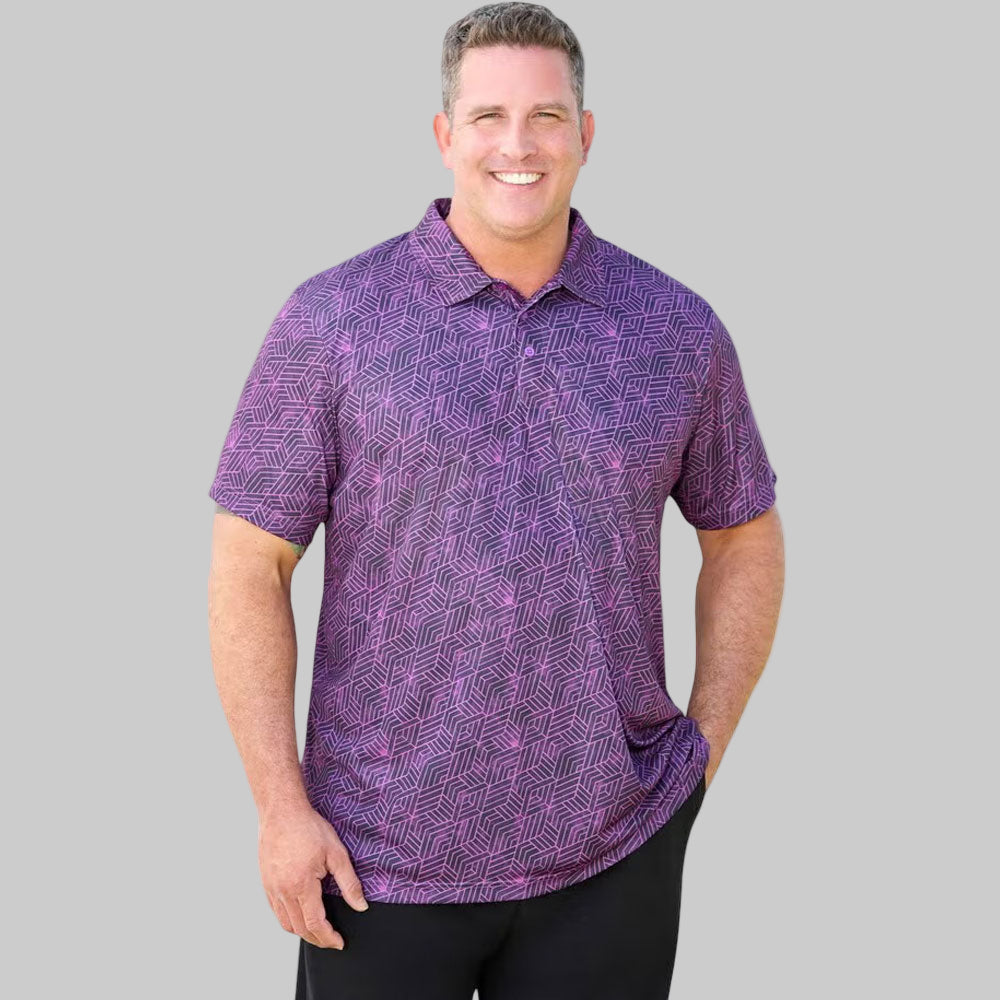 Purple geometric moisture-wicking polo shirt with three-button placket