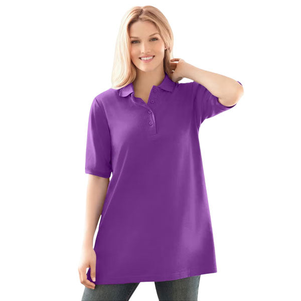Purple Orchid Elbow-Sleeve Polo Tunic – Cotton Blend Casual Top for Women